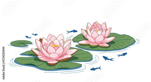 Serene water lilies bloom gently in a peaceful pond ecosystem with small fish swimming around them.