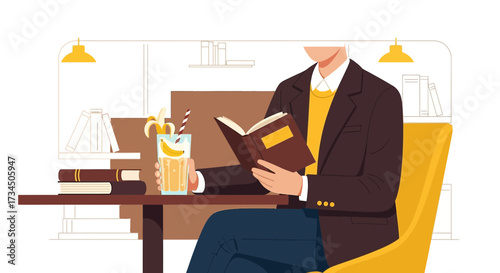 Illustration of a man enjoying a book with a banana smoothie in a cozy cafe setting