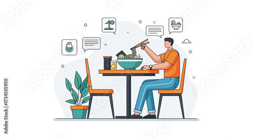 Illustration of a man enjoying a bowl of ramen at a table surrounded by icons thoughts