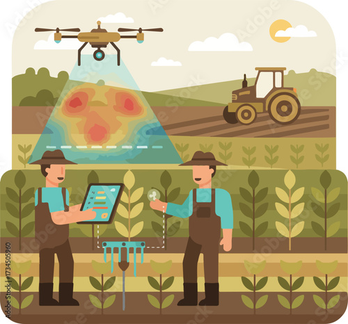 Smart Agriculture IoT Farming Technology Vector Illustration. Wide Landscape Farmers Analyzing Crops