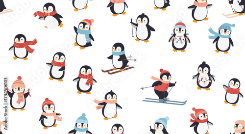A charming collection of playful penguins dressed in festive winter attire enjoying various winter activities