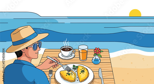 Illustration of a man enjoying breakfast with a sea view creating a serene atmosphere depicting
