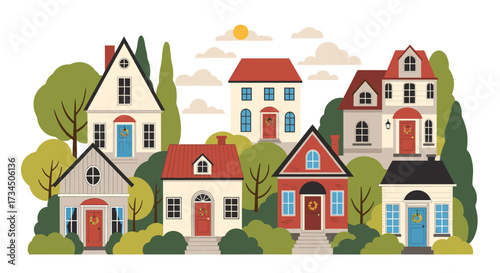 A charming collection of diverse residential homes nestled amidst lush green trees and a clear blue sky with fluffy white clouds.
