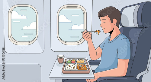 Illustration of a man enjoying inflight meal during his airplane journey with sky view
