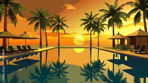 Tropical resort poolside at sunset with palm trees