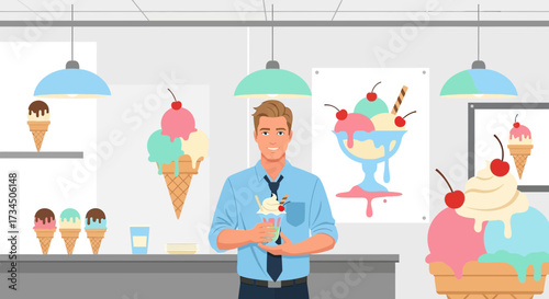 Illustration of a man holding an ice cream sundae in a colorful ice cream shop