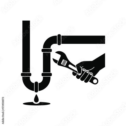 Hand holding adjustable wrench fixing leaking pipe with dripping water plumbing repair
