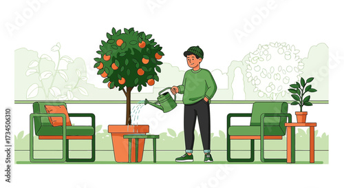 Illustration of a man watering an orange tree in a pot surrounded by furniture for relaxation