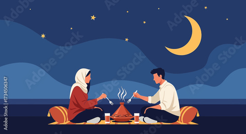 Illustration of a muslim couple sharing Iftar during Ramadan under a starry night sky