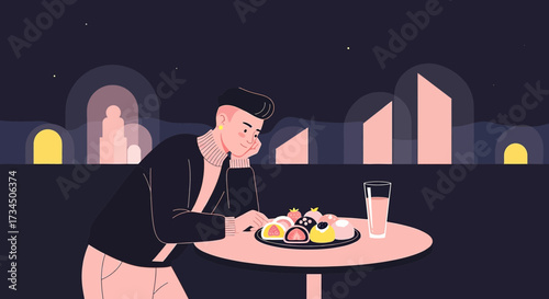 Illustration of a pensive man enjoying mochi and a drink in a scenic urban setting at night