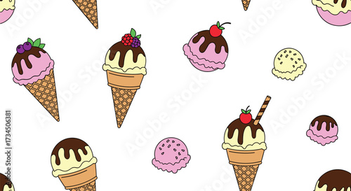 A delightful pattern of ice cream cones and scoops in various flavors.