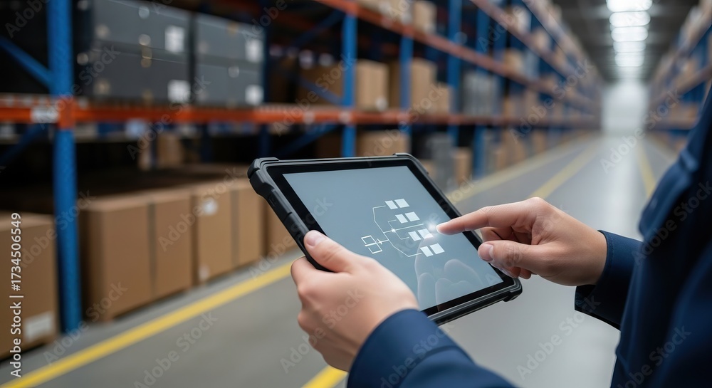 Naklejka premium A person using a tablet in a warehouse, interacting with a digital interface, while surrounded by shelves of delayed boxes.