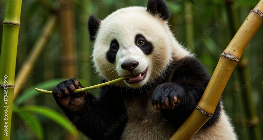 Obraz premium Panda eating bamboo in a bamboo forest