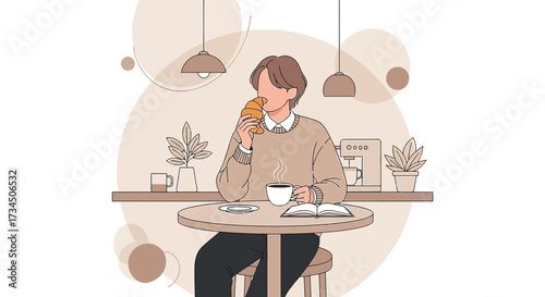 Illustration of a relaxed morning routine with coffee croissant and book at a cafe
