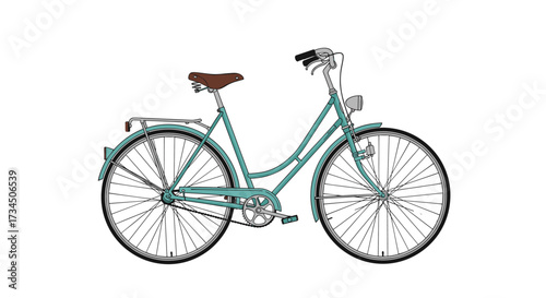 A vintage mint green step-through bicycle with a brown leather saddle and a rear rack.