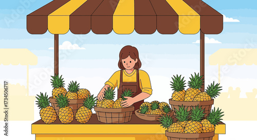 Illustration of a pineapple vendor at a colorful market stall under a striped canopy selling fresh