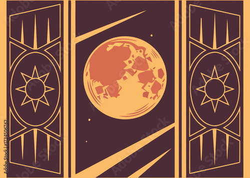 Stylized celestial scene with moon and sun symbols