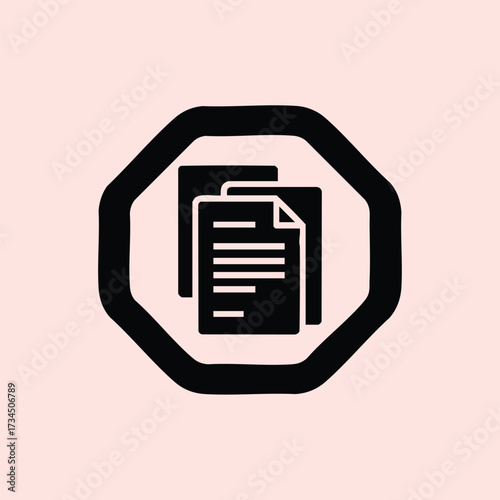 Black of a document with multiple pages inside a bold octagonal border on a soft pink