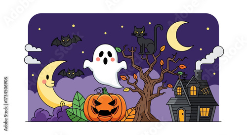 Spooky Halloween night scene with friendly ghost, smiling moon, black cat, scary pumpkin, and haunted house invites trick or treating fun