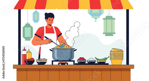 Illustration of a street food vendor cooking biryani in a traditional setup vector