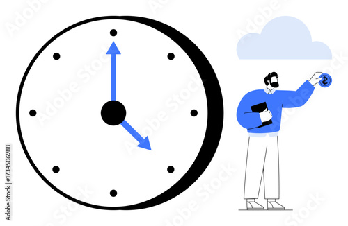 Large clock with bold black outlines and blue arrows. Professional with a coin and notebook emphasizes time value, productivity, and efficiency. Ideal for time, money, work, scheduling, finance