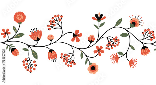 A decorative pattern of blooming flowers and green leaves on a vine.