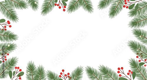 Festive natural border of pine branches and red berries perfect for holiday greetings and winter celebrations.