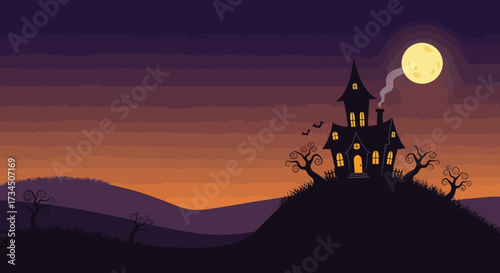 Spooky haunted house on a hill under a full moon with bats flying around at dusk, perfect for Halloween designs and spooky season promotions