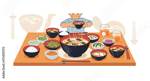 Illustration of a variety of traditional Japanese dishes arranged beautifully on a table for a