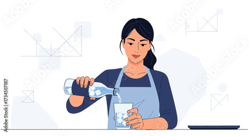 Illustration of a waitress pouring water into a glass, serving refreshment with elegance and style