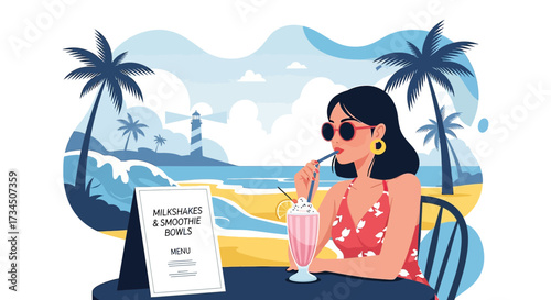 Illustration of a woman enjoying a milkshake on a tropical beach vacation spot with palm trees