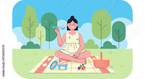 Illustration of a woman enjoying a picnic in the park with ice cream on a summer day