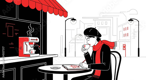 Illustration of a woman enjoying coffee and sketching at a cafe in a simple cityscape