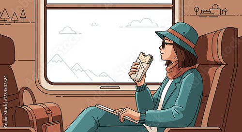 Illustration of a woman enjoying a sandwich and tablet during a scenic train journey near mountains