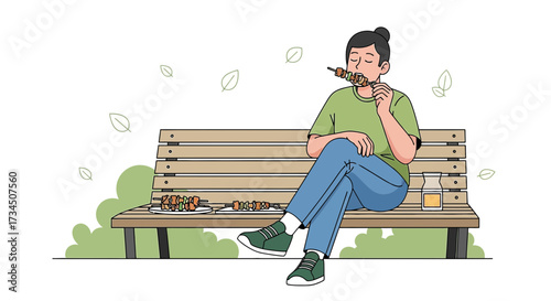 Illustration of a Woman Enjoying Skewers on a Park Bench During a Relaxing Picnic