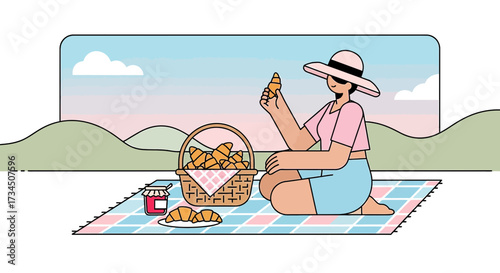 Illustration of a woman having a picnic with croissants and jam in a picturesque landscape setting