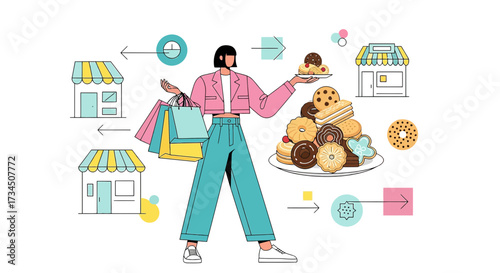 Illustration of a woman with shopping bags and a plate of assorted cookies and pastries showcasing