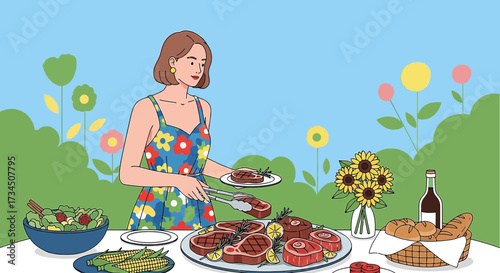 Illustration of a woman serving grilled steaks in a garden setting for outdoor dining