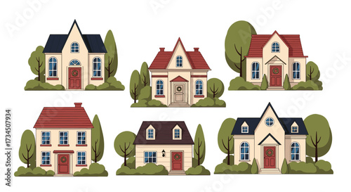 A collection of charming houses nestled amongst greenery.