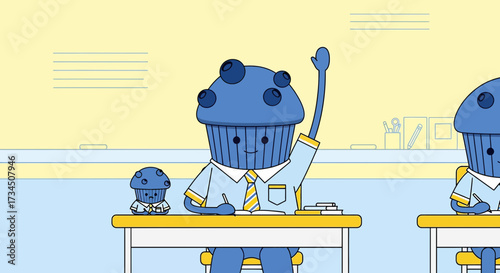 Illustration of blueberry muffin students raising hand in classroom learning environment