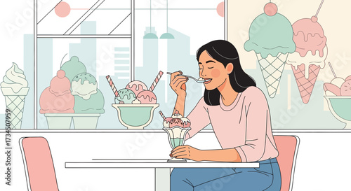Illustration of a young woman enjoying an ice cream sundae at a colorful ice cream parlor