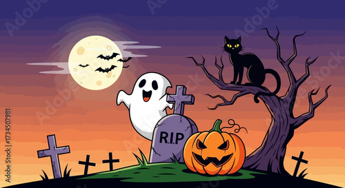 Spooky Halloween night with a cute ghost, black cat, jack-o-lantern pumpkin, bats, and tombstones under a full moon in a cartoon graveyard setting