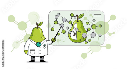 Illustration showcasing a pear scientist explaining fruit genetic engineering concepts at a