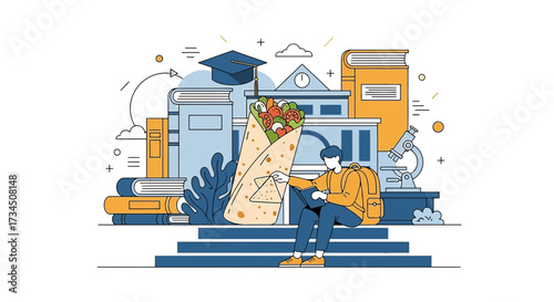 Illustration showcasing a student enjoying a shawarma on campus symbolizing academic life and