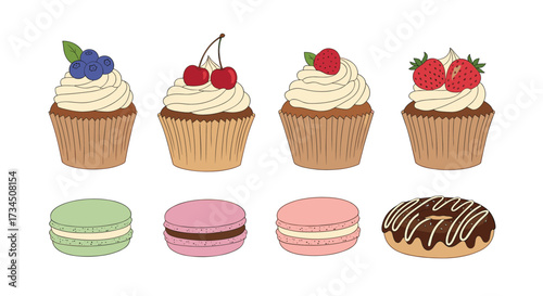 A delightful assortment of sweet baked goods including cupcakes macaroons and a donut.