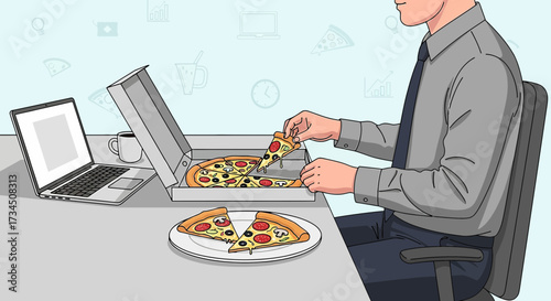Illustrative depiction of a man enjoying pizza at his desk during his work break time