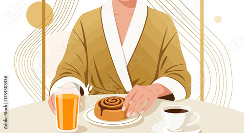 Illustrative depiction of a person enjoying a relaxed breakfast with coffee and a sweet treat
