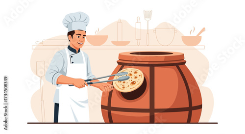 Illustrative scene of a chef preparing roti in a traditional tandoor oven with kitchen backdrop