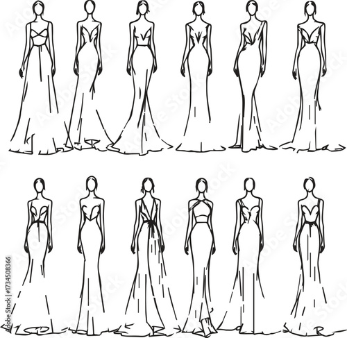 Black and white fashion illustration with twelve elegant evening gown sketches in minimalist vector style