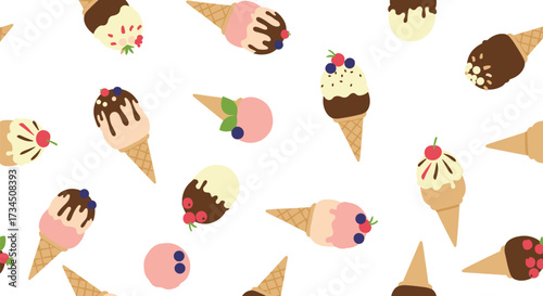 A delightful collection of colorful ice cream cones and scoops.